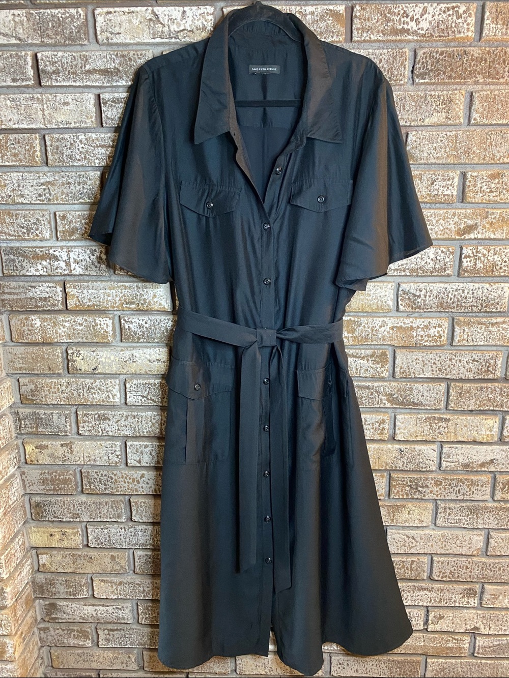 Saks Fifth Avenue Black Button-Front Midi Shirt Dress with Tie & Flutter Sleeve - Picture 1 of 11